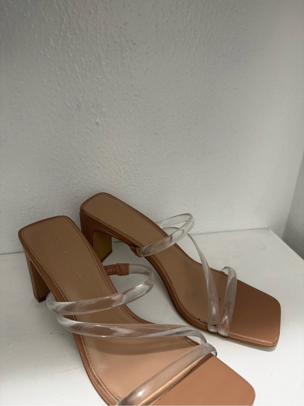 BCBGeneration Tan Block Heel Sandals with Clear Straps